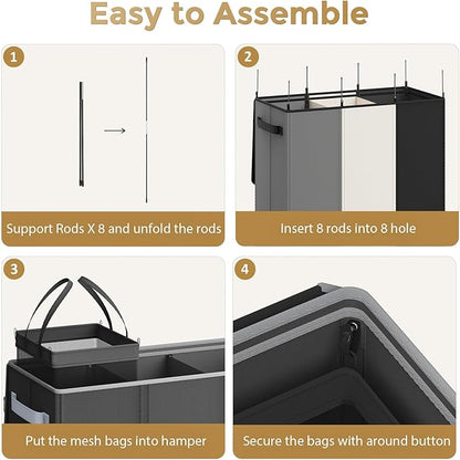 180L Laundry Hamper 3 Section, Large Laundry Hamper with Lid, Dirty Clothes Hampers with Handles, Laundry Basket Organizer for Laundry, Bedroom, Bathroom, Laundry Sorter Baskets, Black