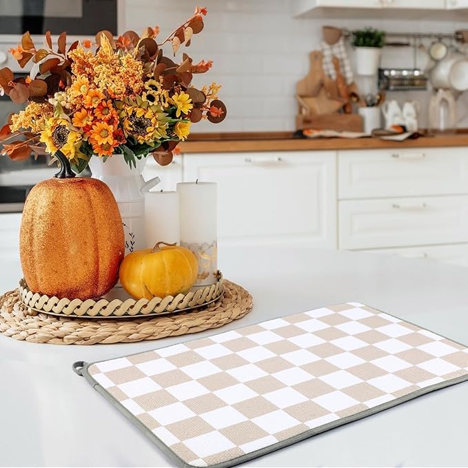 Zonon Dish Drying Mat for Kitchen Counter 16 x 24 Microfiber Absorbent Dish Drainer Rack Pads Fast Dry Mat Vintage Kitchen Decorations(Beige,16" X 24",Checkered)