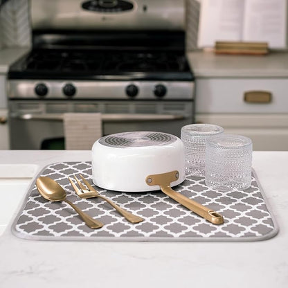 S&T INC. Dish Drying Mat, 16” x 18”, Absorbent Microfiber Kitchen Counter Mat, Dish Drying Pad for Dishes, Utensils, Pots and Pans, Large, White Trellis