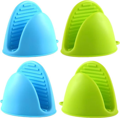2 Pairs (Blue & Green),Mini Silicone Oven Gloves, Mini Finger Protector Pot Holder for Kitchen,Cooking,Baking,BBQHeat Resistant Gloves，can be Washed in The Dishwasher