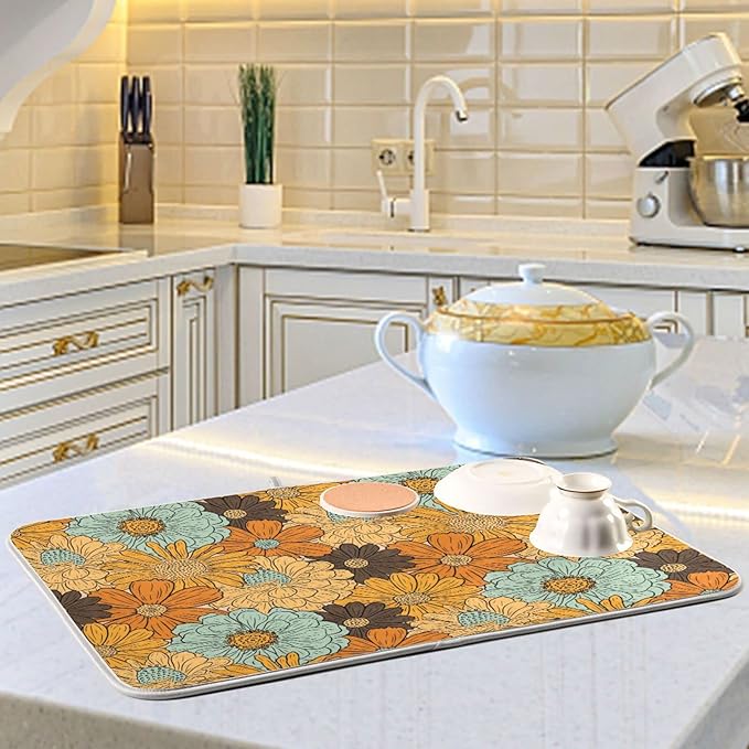 Super Absorbent Dish Drying Mat, Microfiber Fast-Drying Dish Mat, 16" x 18", Kitchen Dish Drying Pad, Retro Flower Daisy