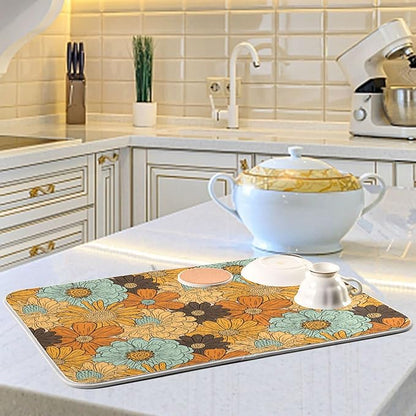 Super Absorbent Dish Drying Mat, Microfiber Fast-Drying Dish Mat, 16" x 18", Kitchen Dish Drying Pad, Retro Flower Daisy