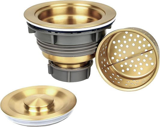 LQS Kitchen Sink Drain Strainer Assembly, Sink Drain 304 Stainless Steel with Removable Deep Waste Basket and Sealing Lid 3-1/2-inch Golden