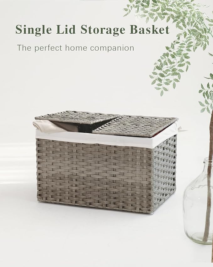 Storage Basket with Lid, PE Rattan Woven Storage Baskets with 2 Separate Lids, 17.2 Gallon (65 L), 22.2 x 13 x 13.8 Inches, 2 Removable Liner Bags Handles for Bedroom, Laundry Room Gray