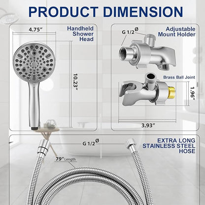 High Pressure 10 Setting Handheld Shower Head, 5" Detachable Showerhead Spray Built-in Power Wash to Clean Tub, Tile & Pets, 79" Extra Long Stainless Steel Hose, Adjustable Bracket - Chrome
