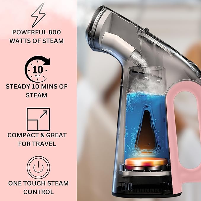 True & Tidy Compact Handheld Garment Steamer for Clothes, Travel Steamer with Stainless Steel Nozzle, 800 watts, Pink