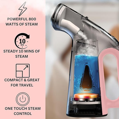 True & Tidy Compact Handheld Garment Steamer for Clothes, Travel Steamer with Stainless Steel Nozzle, 800 watts, Pink