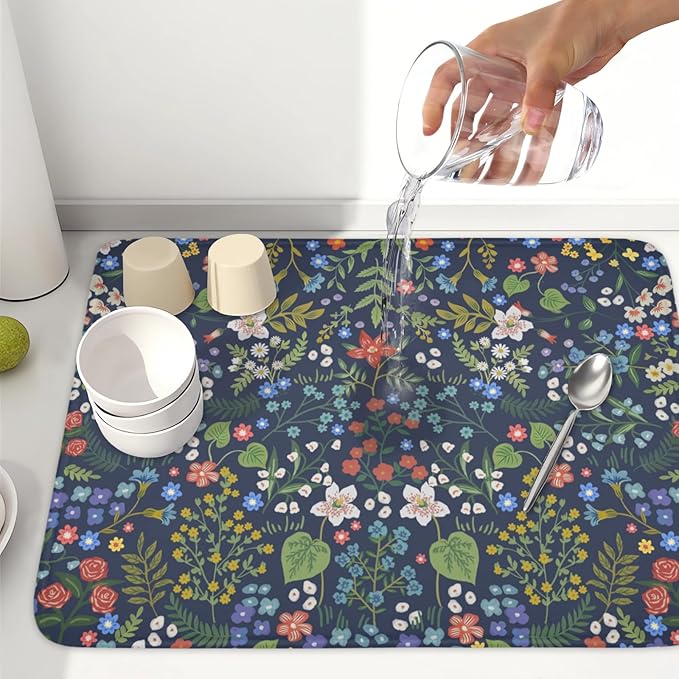 Flower Floral Dish Drying Mat 18x24 inch Microfiber Navy Blue Drying Mats with Hanging Loop Absorbent Green Leaves Dish Drainer Mat Reversible Flowers Drying Pad for Kitchen Counter Sink