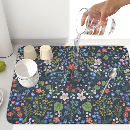 Flower Floral Dish Drying Mat 18x24 inch Microfiber Navy Blue Drying Mats with Hanging Loop Absorbent Green Leaves Dish Drainer Mat Reversible Flowers Drying Pad for Kitchen Counter Sink