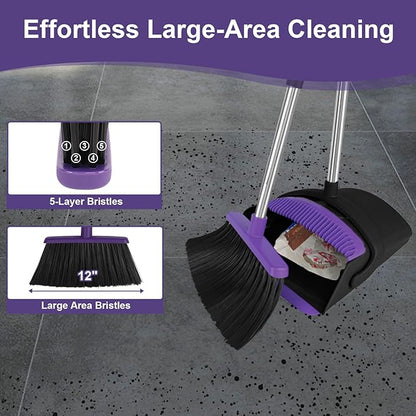 Broom with Dustpan Combo Set and Silicone Air Broom Kit, 51" Long Handle Floor Squeegee, Purple Household Kit for Glass Window Rugs Pet Hair Home