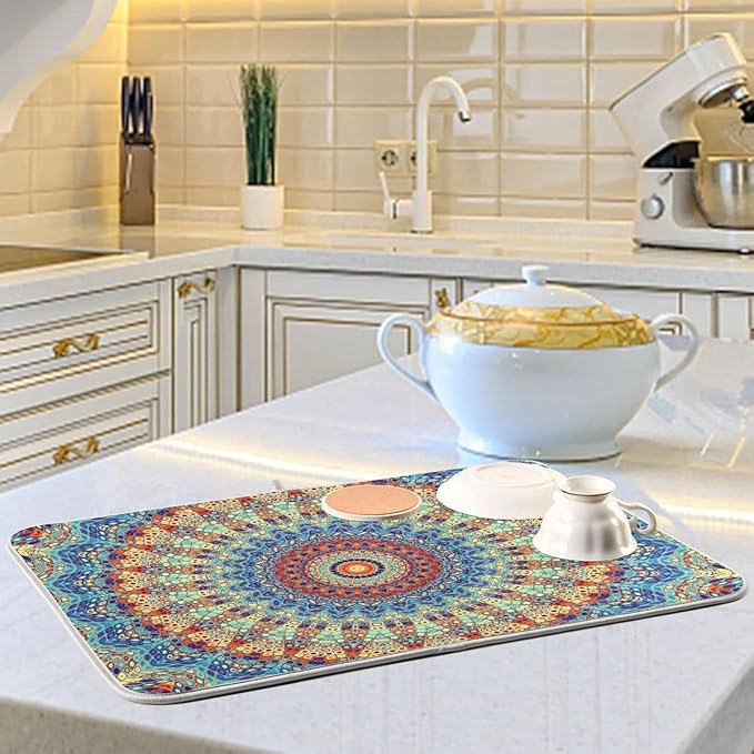 Bohemian Mandala Dish Drying Mat for Kitchen Counter Boho Ethnic Drying Mat 16 x 18 Inch with High Absorbent Reversible Microfiber Dish Drying Pad Dish Rack Pad Drainer Mat for Coffee Bar