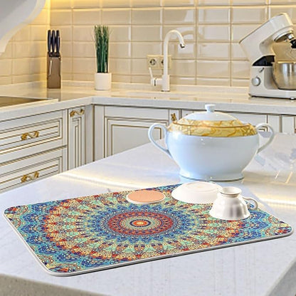 Bohemian Mandala Dish Drying Mat for Kitchen Counter Boho Ethnic Drying Mat 16 x 18 Inch with High Absorbent Reversible Microfiber Dish Drying Pad Dish Rack Pad Drainer Mat for Coffee Bar