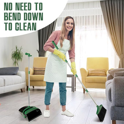 Broom and Dustpan Set with Long Handle, Light Weight Stainless Steel Poles Stand Upright Dustpans with Broom Combo for Home Kitchen Office Pet Dog Hair, 1-Pack(Black Green)
