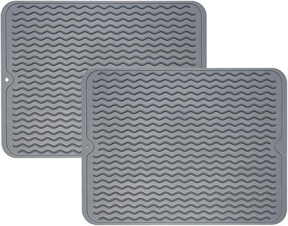 ZLR 2 Pcs Silicone Dish Drying Mat & Heat Resistant Trivet (12" x 16") - Waterproof Counter Protector for Coffee Maker - Non-Slip, BPA Free Kitchen Pad, Easy Clean Dishwasher Safe (Dark Gray)