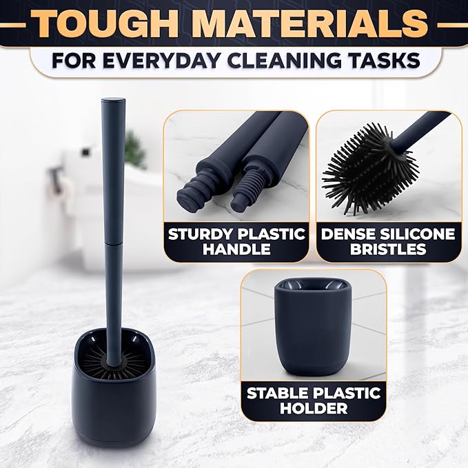 Toilet Brush and Holder Set - Silicone Toilet Bowl Brush with Black Holder Base, Compact Bath Accessory for Small Spaces - Easy to Place and Simple to Store After Use, Plastic Bathroom Cleaning Tool