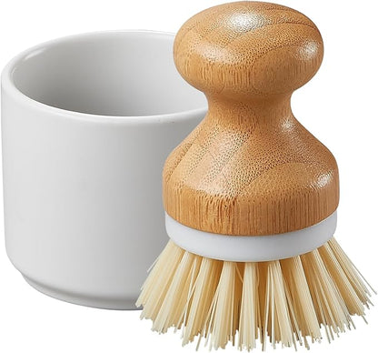 ONEMORE Bamboo Dish Brush with Ceramic Foaming Base, Kitchen Sink Scrub Brush Set with Spring and Mesh Insert, Wooden Handle Dishwashing Brush for Pots Pans Plates Bowls, White