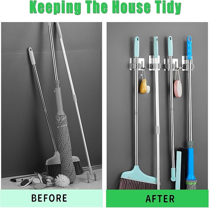 Broom Holder Wall Mount Hanger Holder Wall Mount,2 Pack Mop and Broom Hooks Stainless Steel Self Adhesive