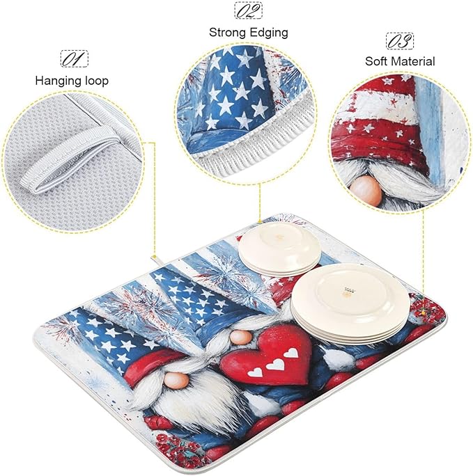 Three Cute Gnomes Pattern Dish Drying Mat for Kitchen Counter Super Absorbent Drying Mat 18x24 inch Large Dish Drying Matts for Countertop Protector Dishes Pad