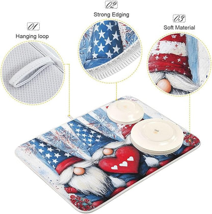 Three Cute Gnomes Pattern Dish Drying Mat for Kitchen Counter Super Absorbent Drying Mat 16x18 inch Large Dish Drying Matts for Countertop Protector Dishes Pad