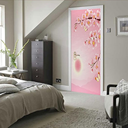 A.Monamour 3D Door Stickers for Interior Doors Cherry Blossom and Butterfly on Pink Background Vinyl Waterproof Self Adhesive Door Mural Decals for Bedroom Office Bathroom 85x200cm