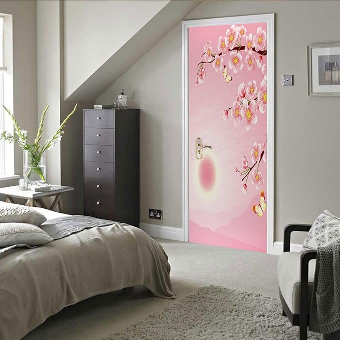 A.Monamour 3D Door Stickers for Interior Doors Cherry Blossom and Butterfly on Pink Background Vinyl Waterproof Self Adhesive Door Mural Decals for Bedroom Office Bathroom 77x200cm