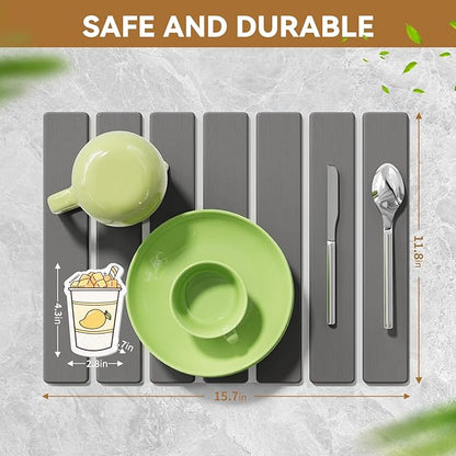 Stone Dish Drying Mat for Kitchen Counter,15.5''x11.8'' Foldable Quick Dry Stone Kitchen Mat,Eco-Friendly,Absorbent Diatomaceous Earth Mats for Dishes Bottles Cups Bathroom Any Countertop-Dark Gray