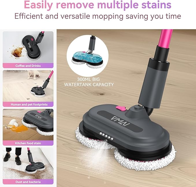 VMAI Cordless Electric Mop for Floor Cleaning, Self-Propelled Spin Mop with LED Headlight & Water Spray, Up to 60 Mins Detachable Battery, 300ML Tank for Hardwood Tile Laminate Marble Floor