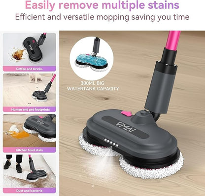 VMAI Cordless Electric Mop for Floor Cleaning, Self-Propelled Spin Mop with LED Headlight & Water Spray, Up to 60 Mins Detachable Battery, 300ML Tank for Hardwood Tile Laminate Marble Floor