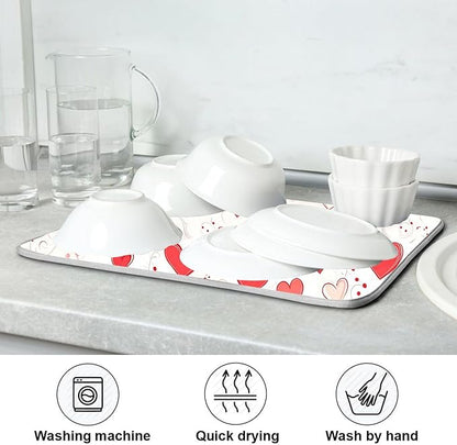 Happy Valentine’s Day Dish Drying Mat for Kitchen Countertop 18x24 Love Heart Red Pink Large Drying Mat Reusable Quick Dry Dish Sink Mats Easy Clean Decorative Essentials