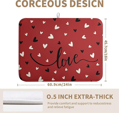 Valentine Dish Drying Mat for Kitchen Counter Valentines Day Red Black Love Heart Holiday Drying Mats Absorbent Microfiber Dish Draining Mat Extra Large Dish Rack Pad 18x24 Inch
