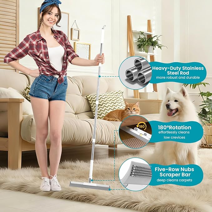 Carpet Rake for Pet Hair Removal Tool, 60” Adjustable Long Handle Pet Carpet Brush, Reusable Carpet Scraper Dog cat Hair Remover for Carpets, Rugs, Mats, and Stairs