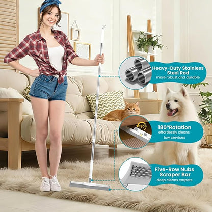 Carpet Rake for Pet Hair Removal Tool, 60” Adjustable Long Handle Pet Carpet Brush, Reusable Carpet Scraper Dog cat Hair Remover for Carpets, Rugs, Mats, and Stairs