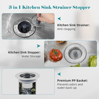 Universal Stainless Steel Kitchen Sink Drain Strainer Stopper, 3-in-1 Sink Stopper Strainer for Standard 3-1/2 Inch Kitchen Sink, Chrome-plated Shell with 304 Stainless Steel Mesh Strainer Basket