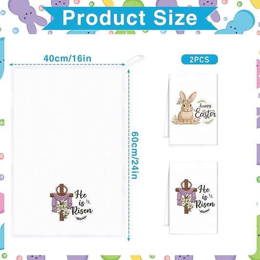 Happy Easter Kitchen Towels Set of 2, He is Risen Easter Cross Dish Towels Gifts for Cooking Cleaning, Spring Hand Towels with Hanging Loop for Kitchen Bathroom Home Decor