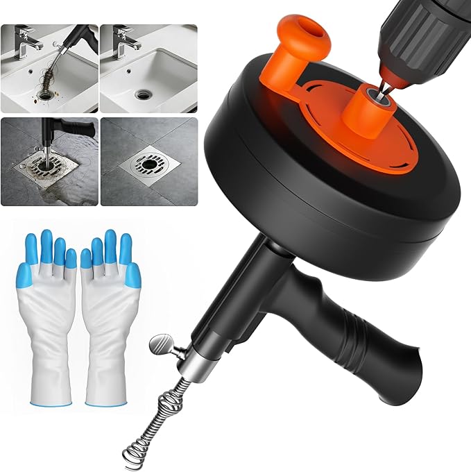 25FT Heavy Duty Drain Auger, Professional Plumbing Snake with Drill Adapter, Manual & Powered Clog Remover for Kitchen, Bathroom, Shower Sink & Bathtub, Flexible Pipe Snake Cleaner with Gloves