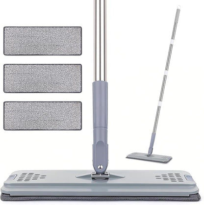Flat Mop with 3 Pads, Microfiber Mops for Floor Cleaning Adjustable Handle 29-49, Dust Mop for Hardwood Floors, Wet Dry Use on Laminate Wood Tile Vinyl Wall Mopping Bathroom Kitchen Household Supplies