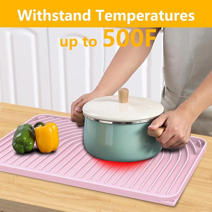 Silicone Drying Mat for Kitchen Counter , Dish Drying Rack Matt with Built in Drain, 18 Inch Dry Mats for Dishes Drying Pad for Kitchen Counter (18×12inch, pink)