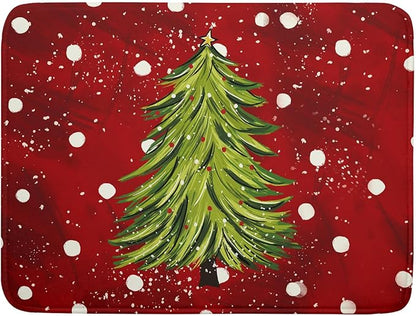 Christmas Tree Dish Drying Mat 18 x 24 Inch With Absorbent Reversible Microfiber Red Green Xmas Snowflake Drying Mats Winter Holiday Dish Drainer Mat Fast Dry For Kitchen Dining Room Decoration