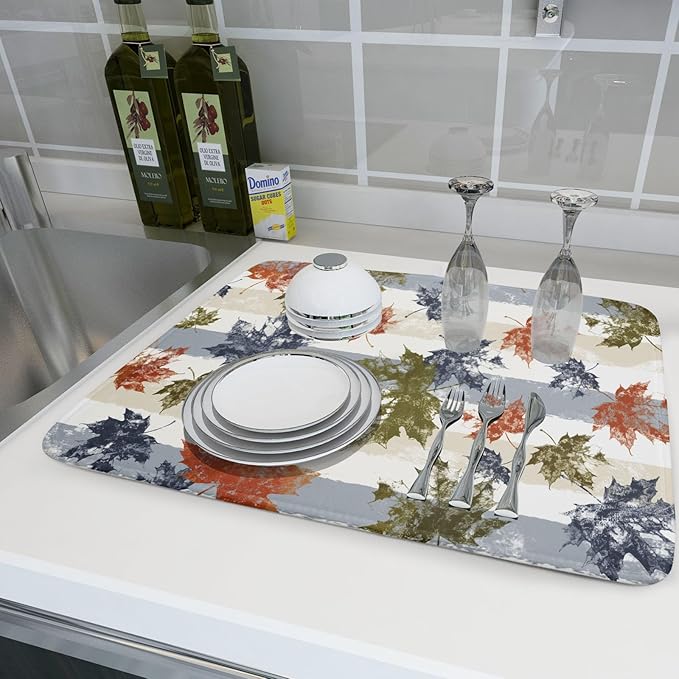 Autumn Colorful Maple Leaves Dish Drying Mat for Kitchen Counter,Blue and White Stripe Drying Mat 18 x 24 Inch with Absorbent Reversible Microfiber Dish Drying Pad Dish Rack Drainer Mat for Coffee Bar