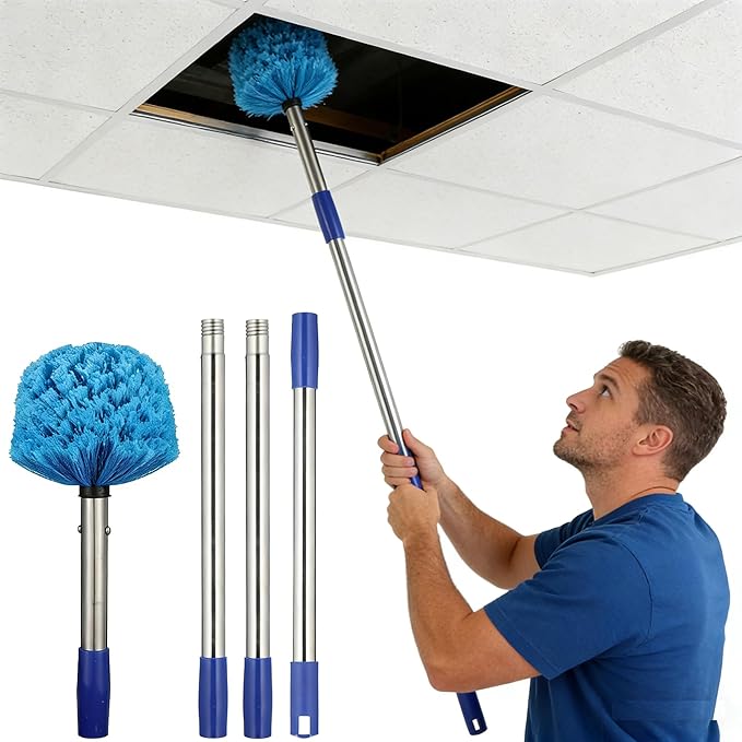 Cobweb Duster with Extension Pole, 4 FT Stainless Steel Pole with Spider Web Brush Head Ceiling Fan Duster for Outdoor Indoor Cleaning, Reach UP to 10-12 FT