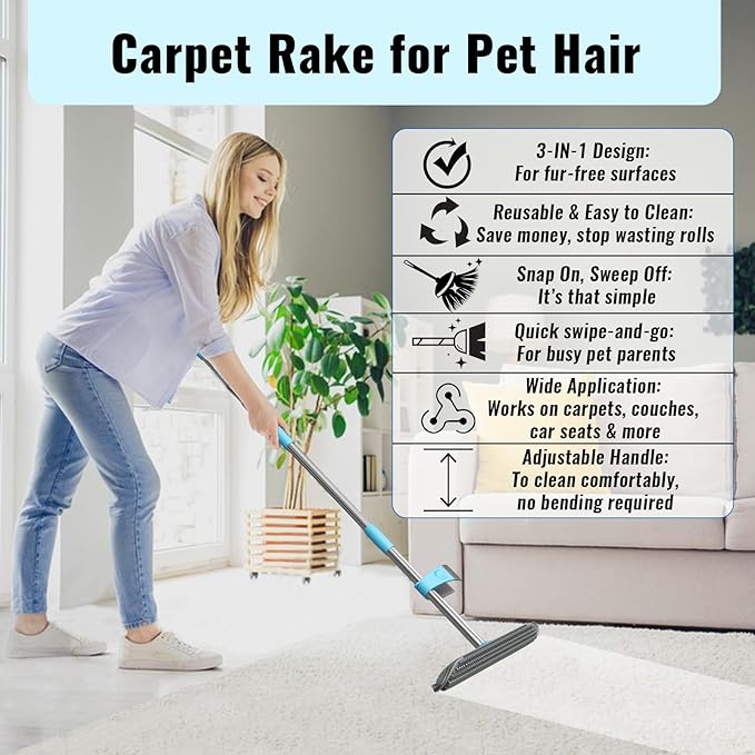Carpet Rake for Pet Hair Removal Tool, 3 in 1 Carpet Scraper with 59" Adjustable Handle, Silicone Rug Rake for Dog & Cat Hair, Pet Hair Remover for Furniture, Couch, Pet Bed & Car Interior