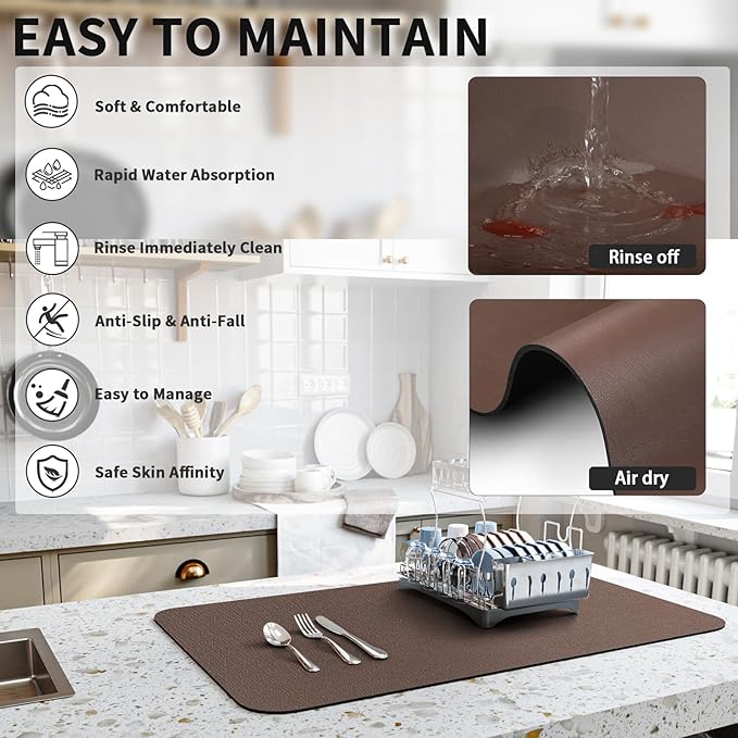 HotLive Dish Drying Mat for Kitchen Counter, Heat Resistant Drainer Mats with Non-slip Rubber Backed, Hide Stain Kitchen Super Absorbent Draining Mat, Easy to Clean Dish Rack Pad, Brown 18"x24"