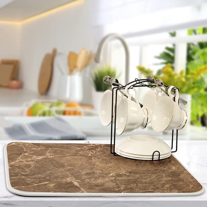 Brown Marble Texture Absorbent Dishes Drainer/Rack Mat for Countertop Small Size 16 x 18, Microfiber Dish Drying Pads Kitchen Counter Draining Pad