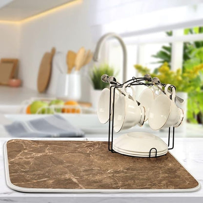 Brown Marble Texture Absorbent Dishes Drainer/Rack Mat for Countertop Small Size 16 x 18, Microfiber Dish Drying Pads Kitchen Counter Draining Pad