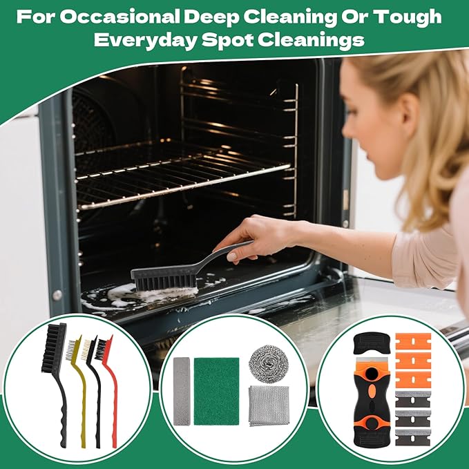 Heavy Duty Oven Cleaner Brush Kits, 12 Pcs Oven Cleaning Tools Accessories, Include Razor Blade Scraper, Crevice Cleaning Brush, Steel Wool Scrubber, Scrub Sponges,Cleaning Rags