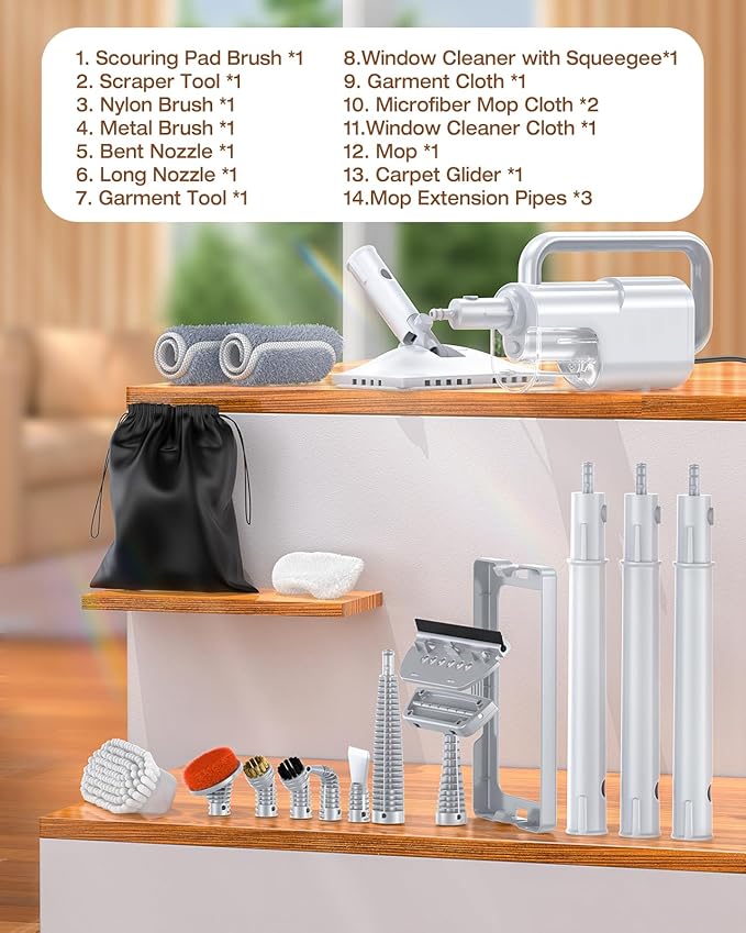 10-in-1 Steam Mop with Detachable Handheld Steamer, 350ml Tank, 10s Heat-Up, 248°F Steam Cleaner, 3-Level Control and Swivel Head for Floors, Carpets, Tiles, BBQ grill Multi-Surface Clean White