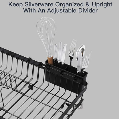 MAJALiS Expandable Stainless Steel Over The Sink Dish Drying Rack for Small Kitchen Counter Space Saving, Compact RV Plate Drainer Strainer in Black Wire Metal with Hanging Adjustable Utensil Holder