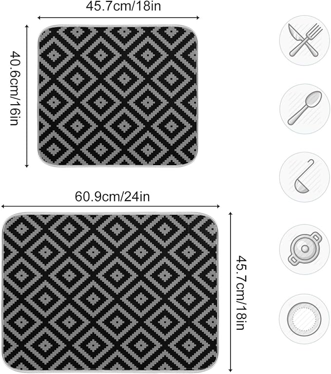 Super Absorbent Dish Drying Mat, Microfiber Fast-Drying Dish Mat, 16" x 18, Kitchen Dish Drying Pad, Black Moroccan Rhombus Plaid