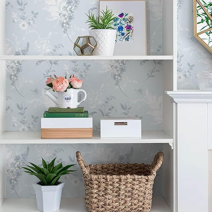 Heroad 17.3inx32.8ft Peel and Stick Wallpaper Delicate Floral Blue Wall Paper French Contact Paper for Cabinet Drawers Self Adhesive Removable Wallpaper for Bathroom Stick on Walls Decor Vinyl Roll