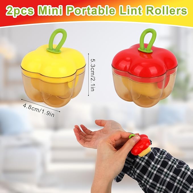 2pcs Mini Portable Lint Rollers, Washable Sticky Roller for Cleaning Pet Hair Debris Dust Portable Travel Lint Roller Reusable Pet Hair Removal Tool for Travel Household (Red, Yellow)
